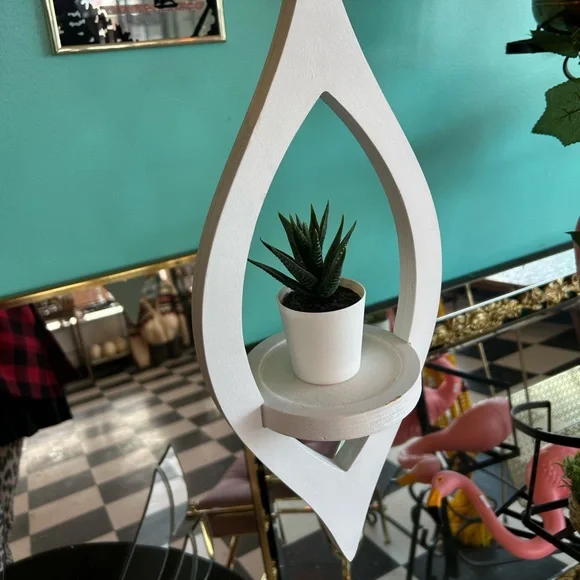 Handmade wood plant hanger vintage atomic retro vertical eye shape boho white - Picture 1 of 8